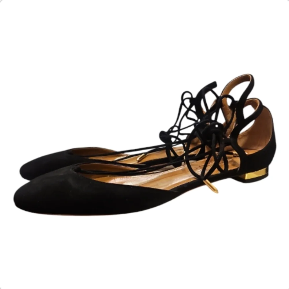 AQUAZZURA | Black Suede Lace Up Flats in Size EU 37.5 / US 7.5